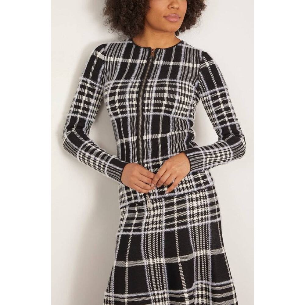 Brandon Maxwell Greer Zip Front Knit Cardigan in Black Plaid S
